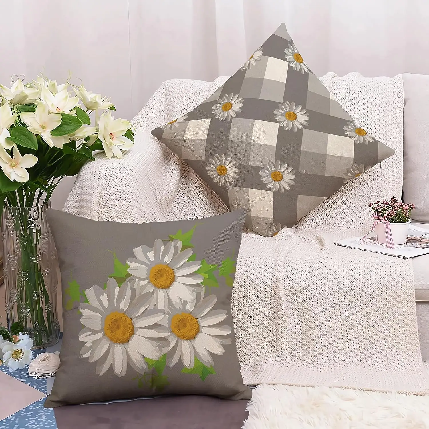 Life Gray Throw Pillowcase Daisy Pillowcase Floral Plaid Design Cushion Cover Decorative Outdoor Sofa Pillowcase 45x45 cm