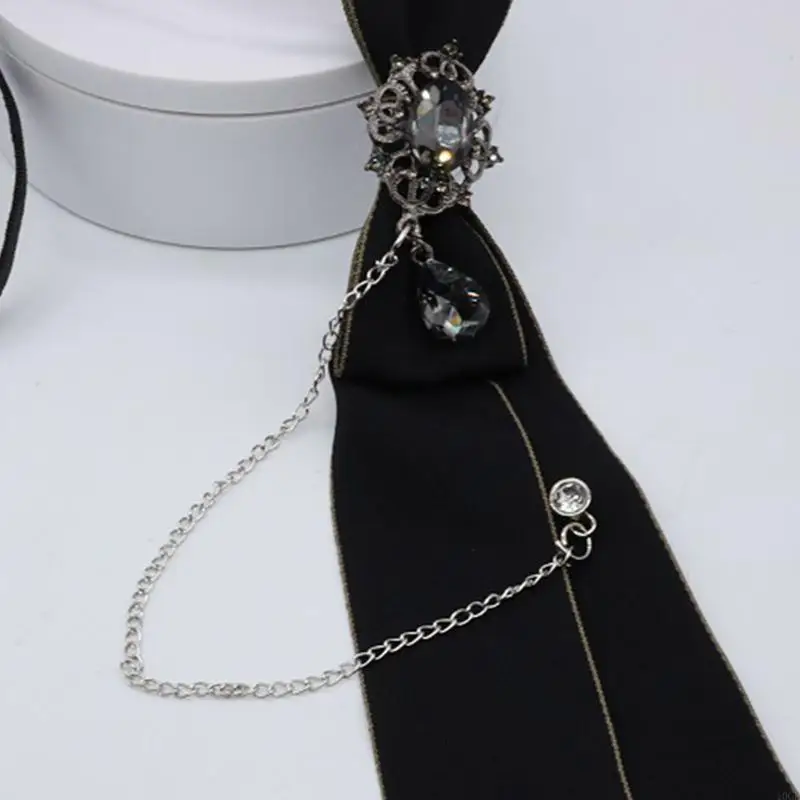 Gothic Fashion Neck Tie with Metal Chain Rhinestones Japanese Pre-Tied Adjustable Necktie Bowtie for Women Uniforms