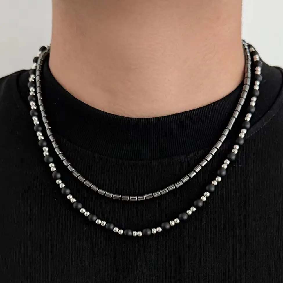 KunJoe 2Pcs/set Vintage Black Frosted Stone Beaded Short Necklace for Man Classic Stone Strand Surfer CCB Choker On Neck Jewelry