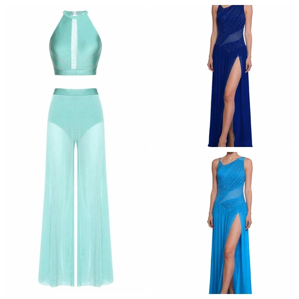 

Women Rhinestone Figure Ice Skating Dress Gymnastics Leotard Dress Lyrical Dancewear Adults Mesh Splice Modern Dance Costume