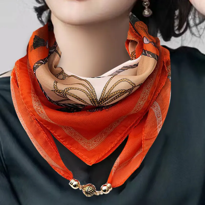 Women Magnetic Buckle Silk Scarf Printing Chiffon Neckerchief Summer Spring Neck Collar Square Towel Clothes Necklace Accessorie