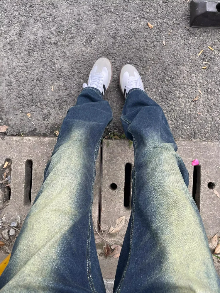 Retro American Blue Waed Jeans Men's Summer Elastic Slimming Micro Flared Pants High Street Extended Length Slimming Long T...