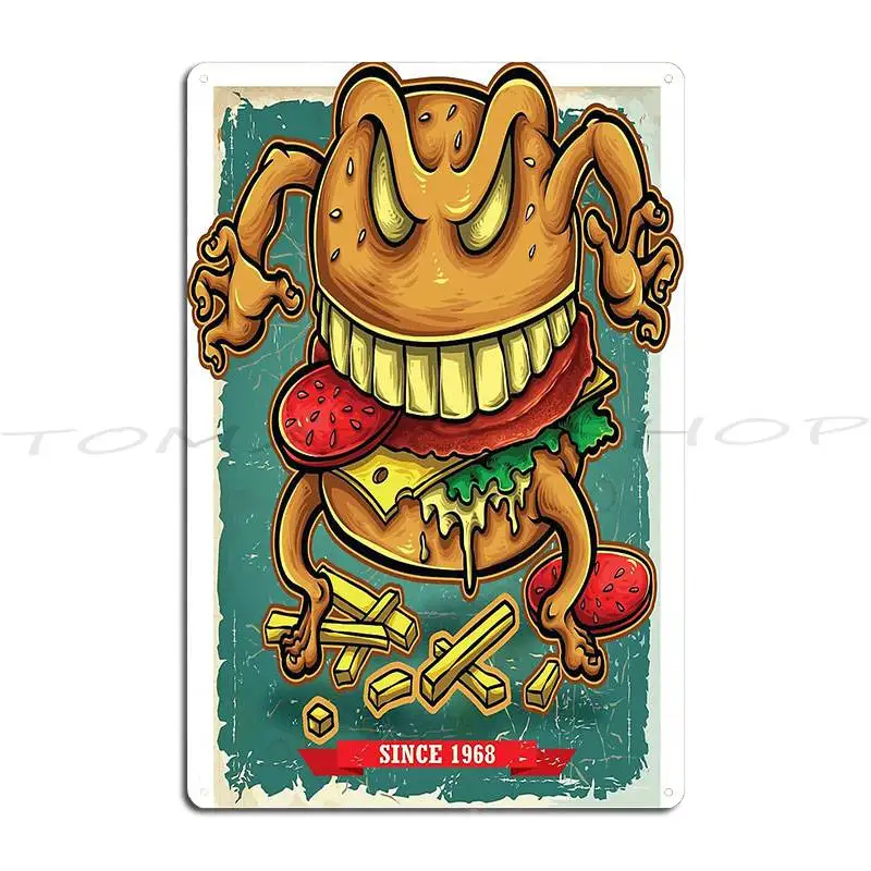 Burger Cartoon Hamburger Cheese Burgers Trading Card Foodie Metal Sign Garage Designing Garage Pub Create Tin Sign Poster