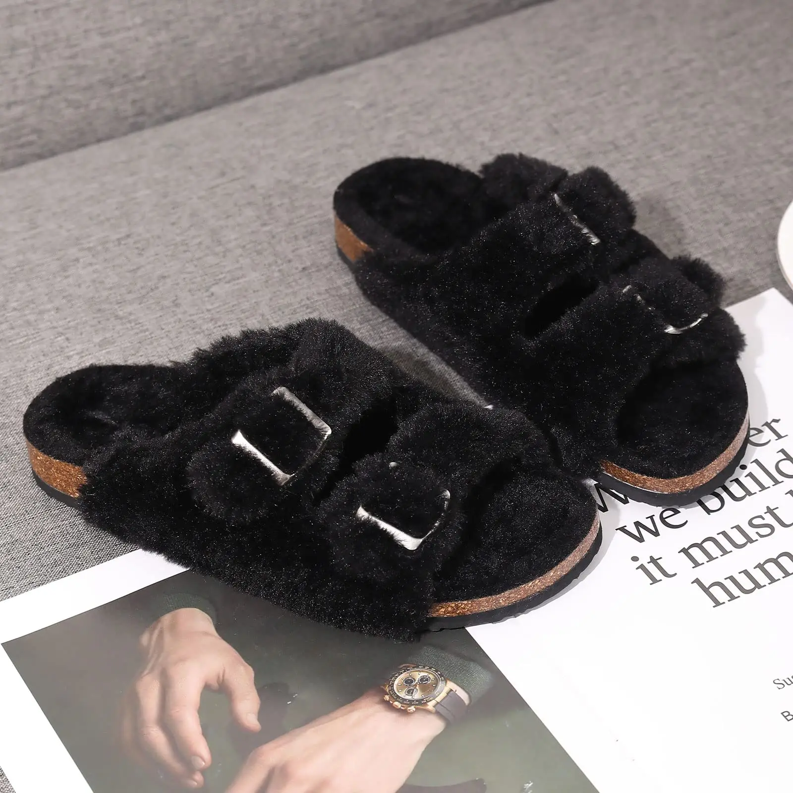 Shevalues New Fur Fluffy Slippers Women Winter Home Fuzzy Slippers Open Toe Cork Slides Female Indoor Double buckle Flat Sandals