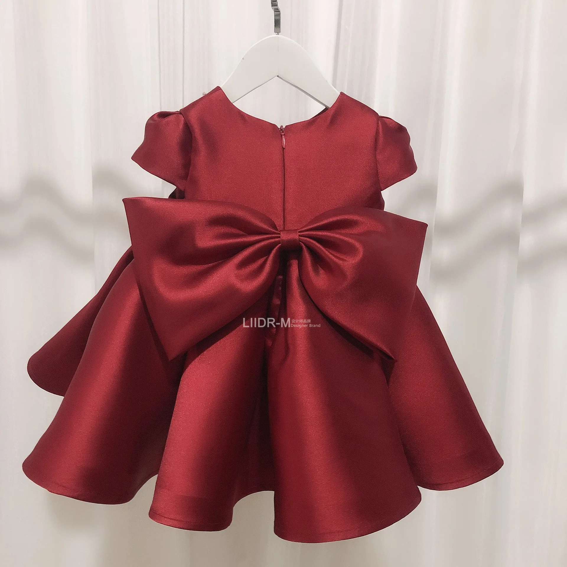 Wine Red Elegant Wedding Guest Satin Dresses Cute for Kids Girls Luxury Short Evening Gowns Birthday Party Children Eid Dress