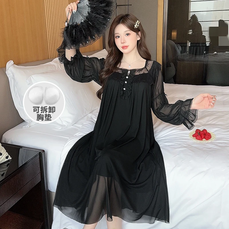 

Осень 2024, милые кружевные хлопковые ночные рубашки принцессы для женщин, корейская милая одежда для сна с длинными рукавами, ночное платье, ночная рубашка, домашняя ночная рубашка