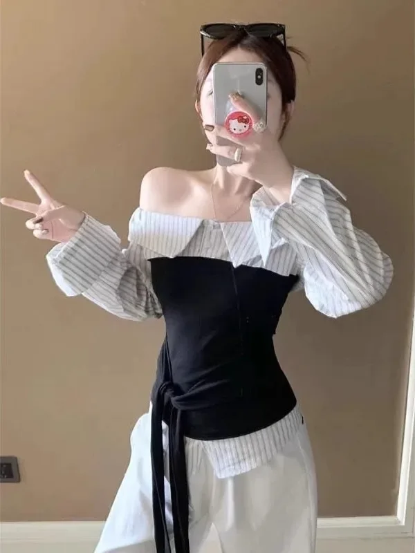 

Spring New Waist-Cinching College Style Long Sleeve Shirt Large Size Women Elegant Stripe Splicing Belt Design Trendy Blouse