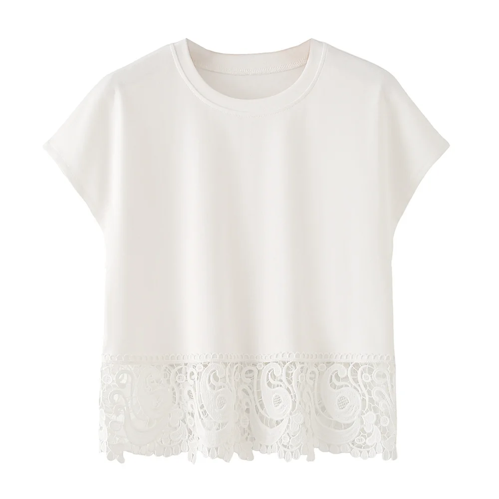 

Taop&Za women's embossed lace patchwork short sleeved round neck T-shirt summer new style versatile top with temperament