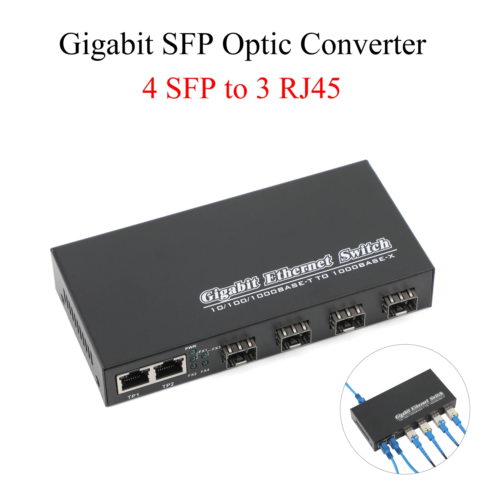 Convertidor de medios Gigabit SFP, transceptor SFP 4 a 3 RJ45, interruptor de fibra óptica de 10/100/1000M con módulo SC SFP de 3KM/20KM