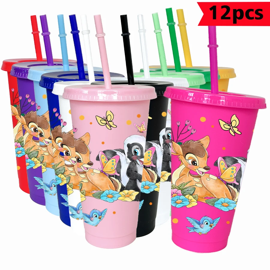 

12 pcs/pack Disney, Bambi, Butterfly Flowers 26oz Colored Plastic Tumbler Birthday Party Drinking Utensils Juice Coffee Mug