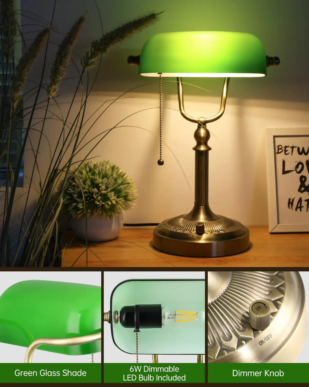 Green Glass Bankers Desk Lamp, Stepless Dimmable Table Lamp Plug in Fixture for Study, Office, LED Bulb Included