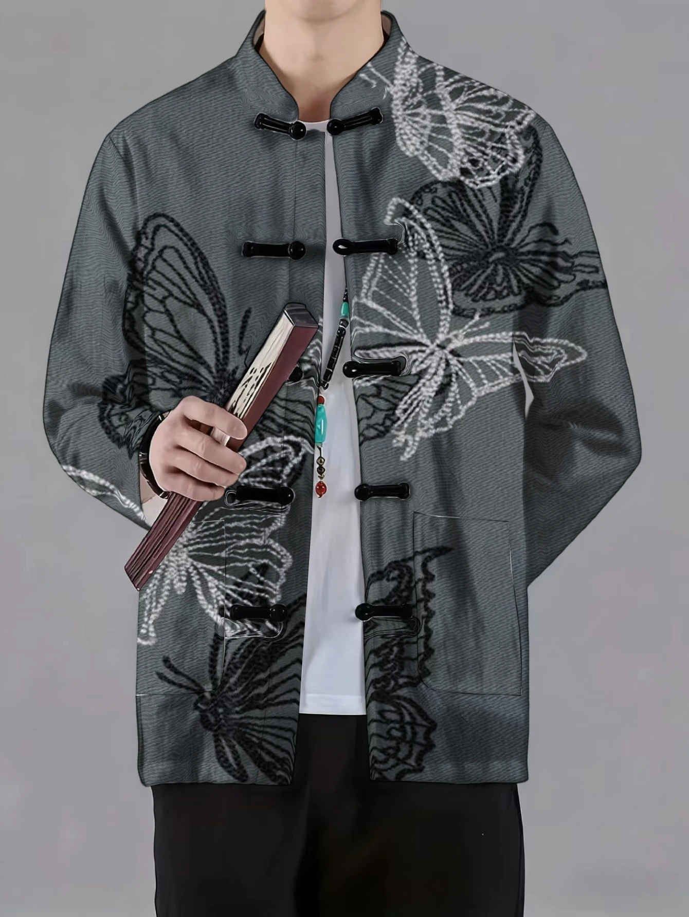 Men Mandarin Collar Frog Button Jacket Koala Bamboo Plum Blossom Butterfly Art Print Traditional Outerwear