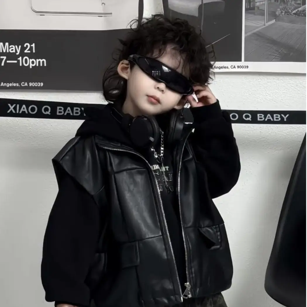 Fashion Children Winter Autumn Warm Boys Clothes Set Leather vest+ Hooded Top +Leopard print Pants 3Pcs Kids Handsome Suits