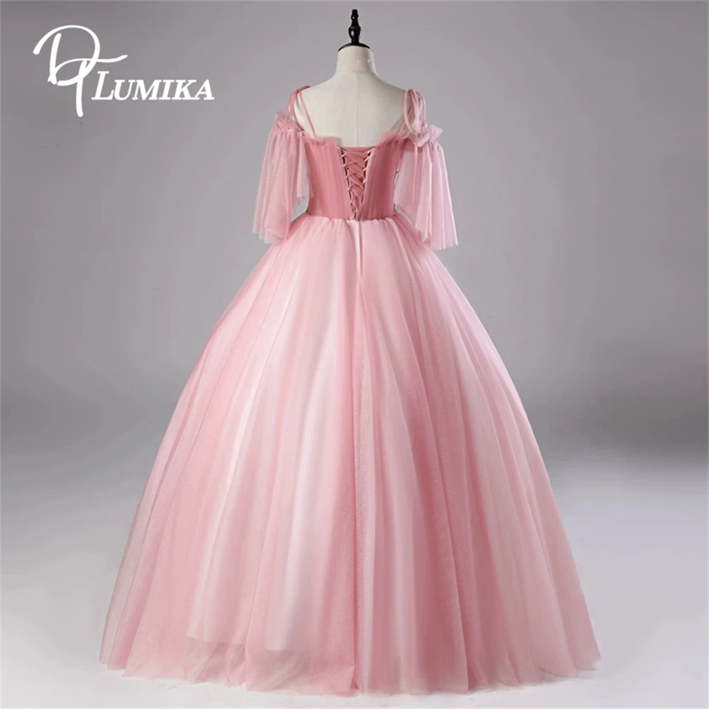 DTLumika Lovely Pink Tulle Prom Dress for Women, Floral Appliques Sweet 15 16 Dresses Simple Evening Gowns Wedding Guest Dresses