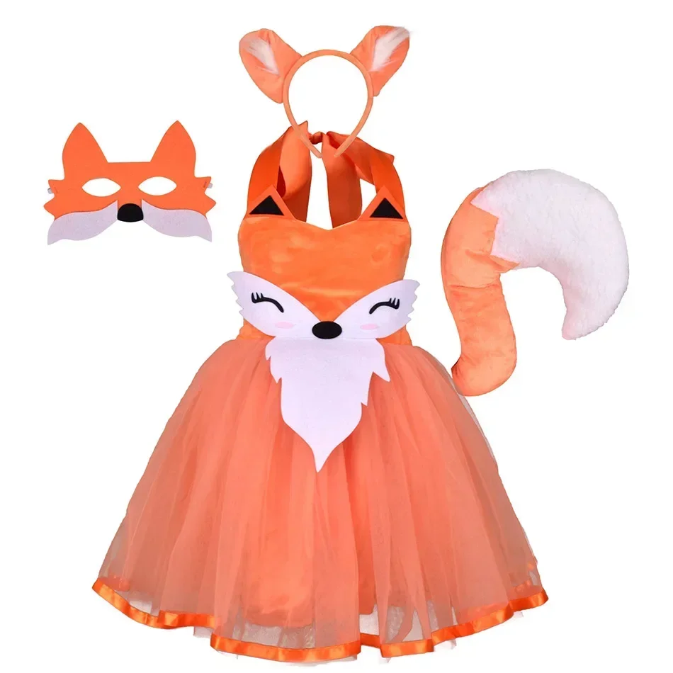 Cute Girls Halloween Fox Cosplay Costumes for Kids Animal Dress Up with Headband Tail Carnival Chrismas Cloth Purim