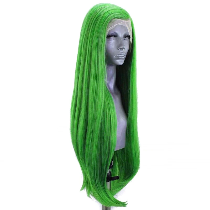 Peluca de cabello sintético liso sin pegamento para mujeres negras, Color verde, fibra de alta temperatura, rayita Natural, Cosplay