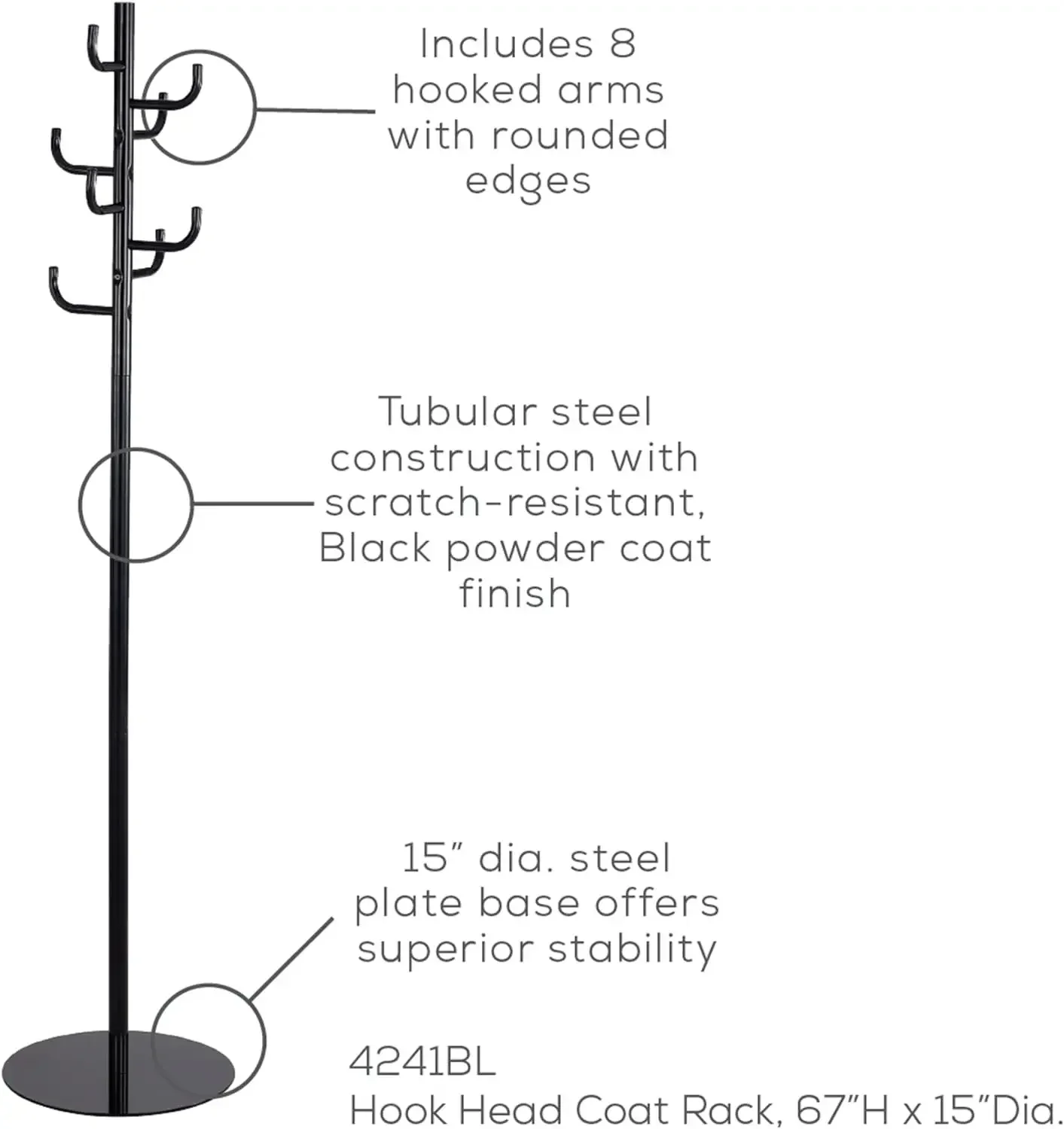 Hook Head Coat Rack, Freestanding Hat and Jacket Hanger with 8 Rounded Edge Hooks, Durable Black Powder Coat Finish