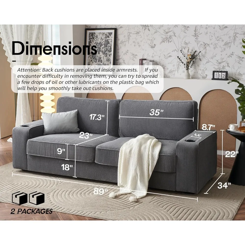 89in Modern Couch with Cup Holders & USB Charging Ports, Deep Seat Sofa Couch- Comfy Couch for Living Room (Ash Grey Corduroy)