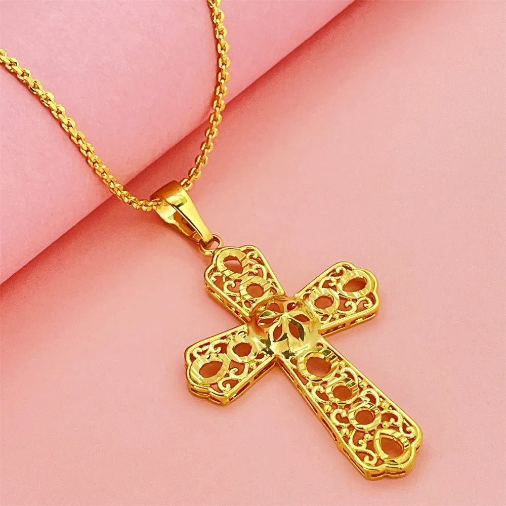 Luxury 24K 9999 Pure Gold real gold Women's Hollow Cross Pendant Box Necklace