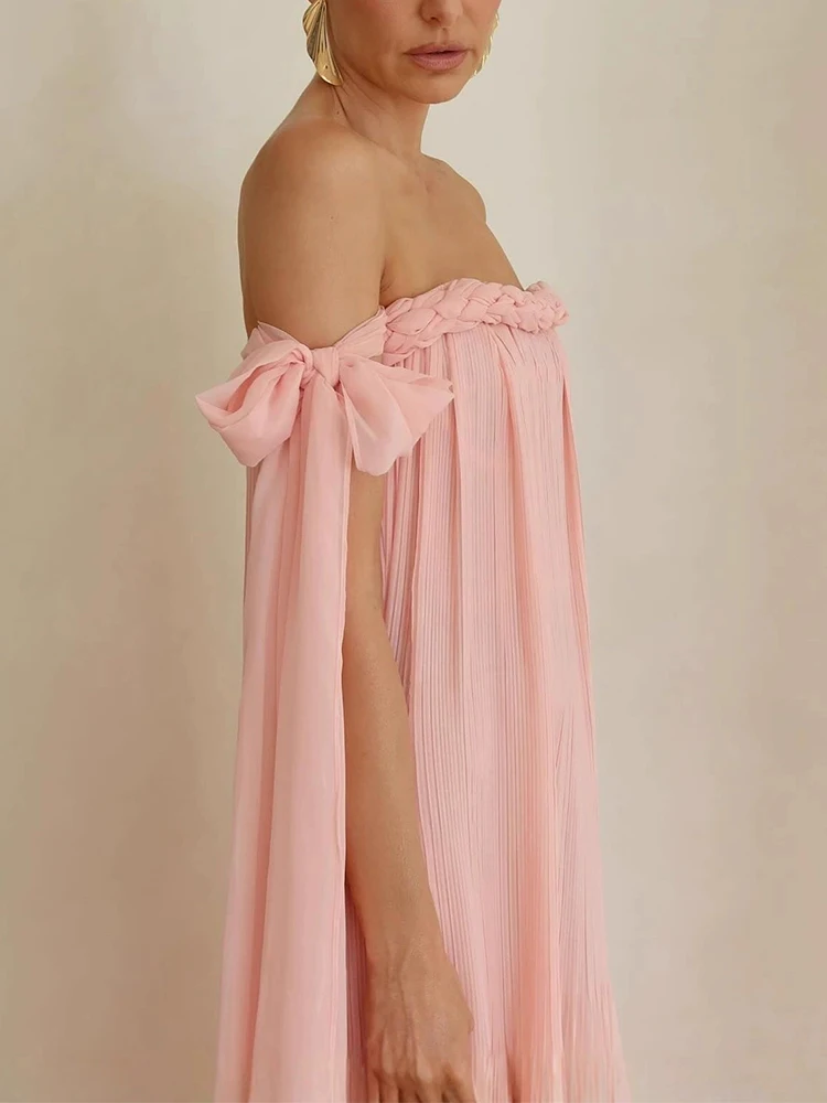 

Fashion One-shoulder Loose Chiffon Party Dress Summer New High Waist Ribbon Banquet Dress Solid Color Women Vacation Maxi Dress