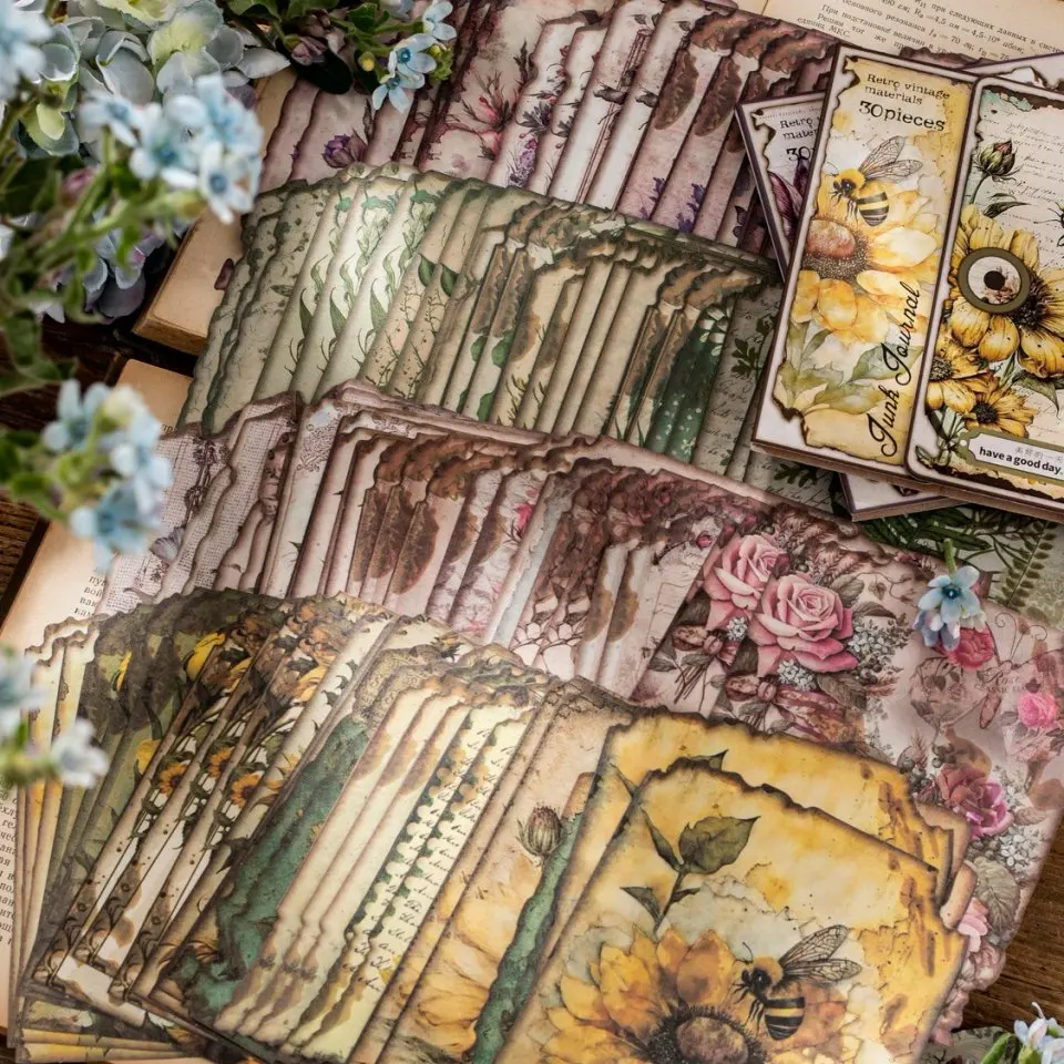 30 Sheets Vintage Scrapbook Paper Retro Aesthetic Decorative Materials Art Collage Handbook Material Paper Handmade DIY Crafts