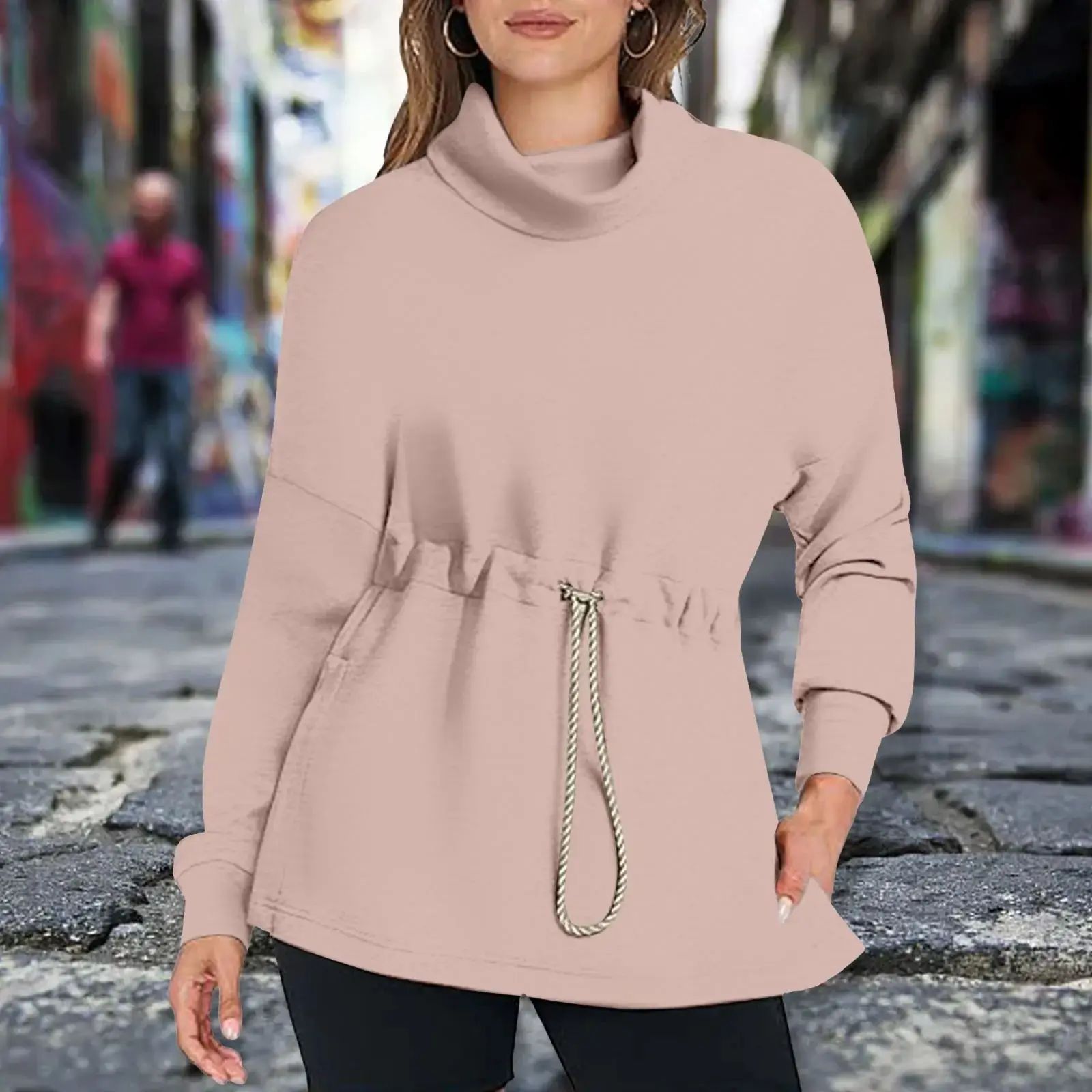 Damen-Sweatshirt mit Dstring-Taille, Herbst und Winter, hoch, modisch, bequem, lässig, für Damen