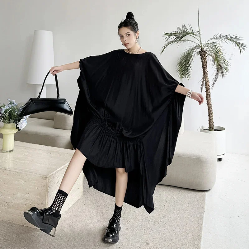 

Dark Style Pleated Batwing Sleeve Dress Loose Round-Neck Irregular Mid-Length Dress 2024 New Fashion Trend Women's Summer Dress