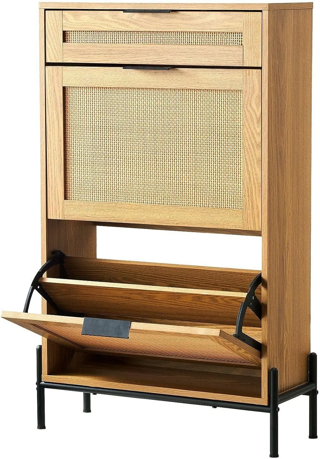 Rattan Shoe Cabinet, Narrow Shoe Storage Organizer with 2 Flip Rattan Drawers & 1 Slide Drawer, Metal Legs