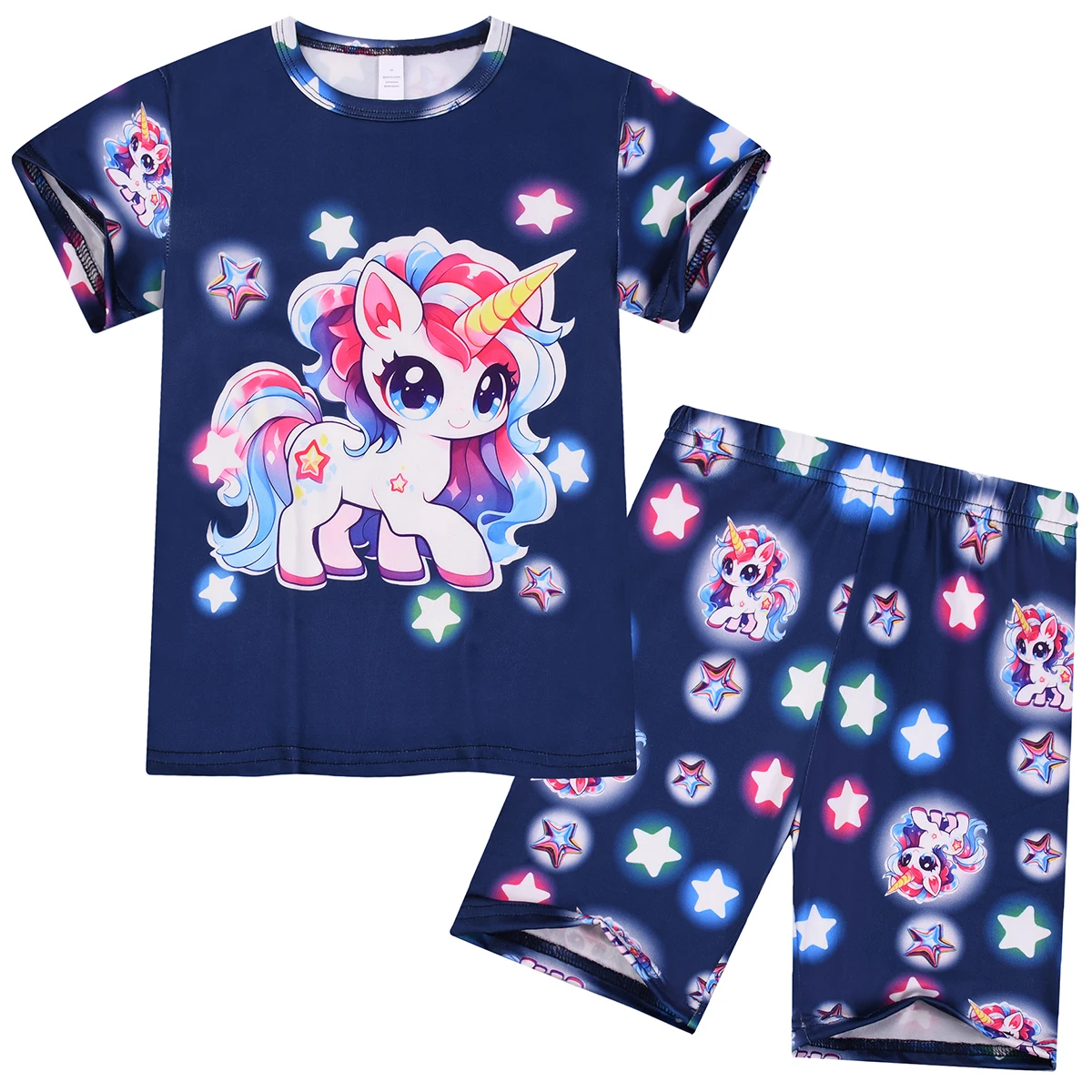 1615 Flammhemmendes, digital bedrucktes, hochauflösendes Einhorn-Set mit kurzen Ärmeln und Shorts, geeignet für Mädchen im Alter von 3 bis 8 Jahren