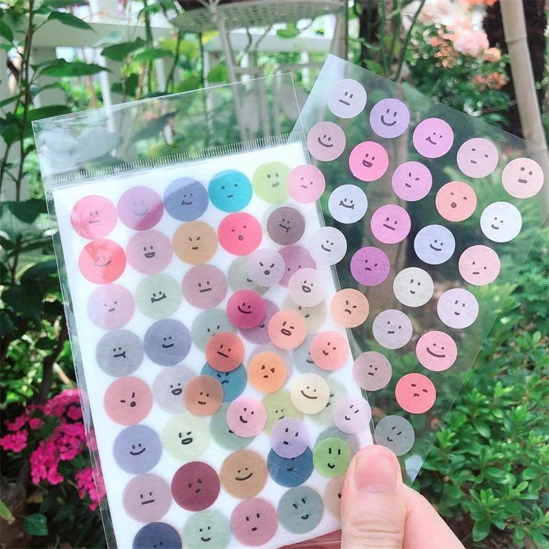 6 Sheets, Cute Expression Cartoon Doodle Cup Round Sticker, Multicolor Smile Face Gift Decoration Hand Account Sticker, Korean