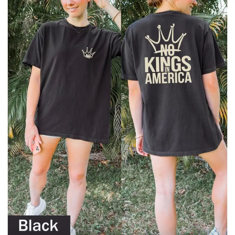

No Kings in America T-Shirt, American Patriot Double-Sided Graphic Tee, Vintage Style Back Print Crown, Unisex Freedom Wear