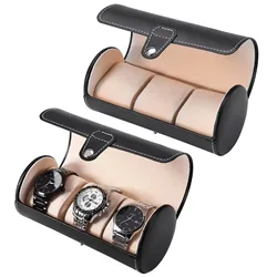 Watch Storage Box, PU Leather Roll Travel Watch Box,3 Grids Cylinder Roll Holder Wristwatch Jewelry Gift Storage Display Case