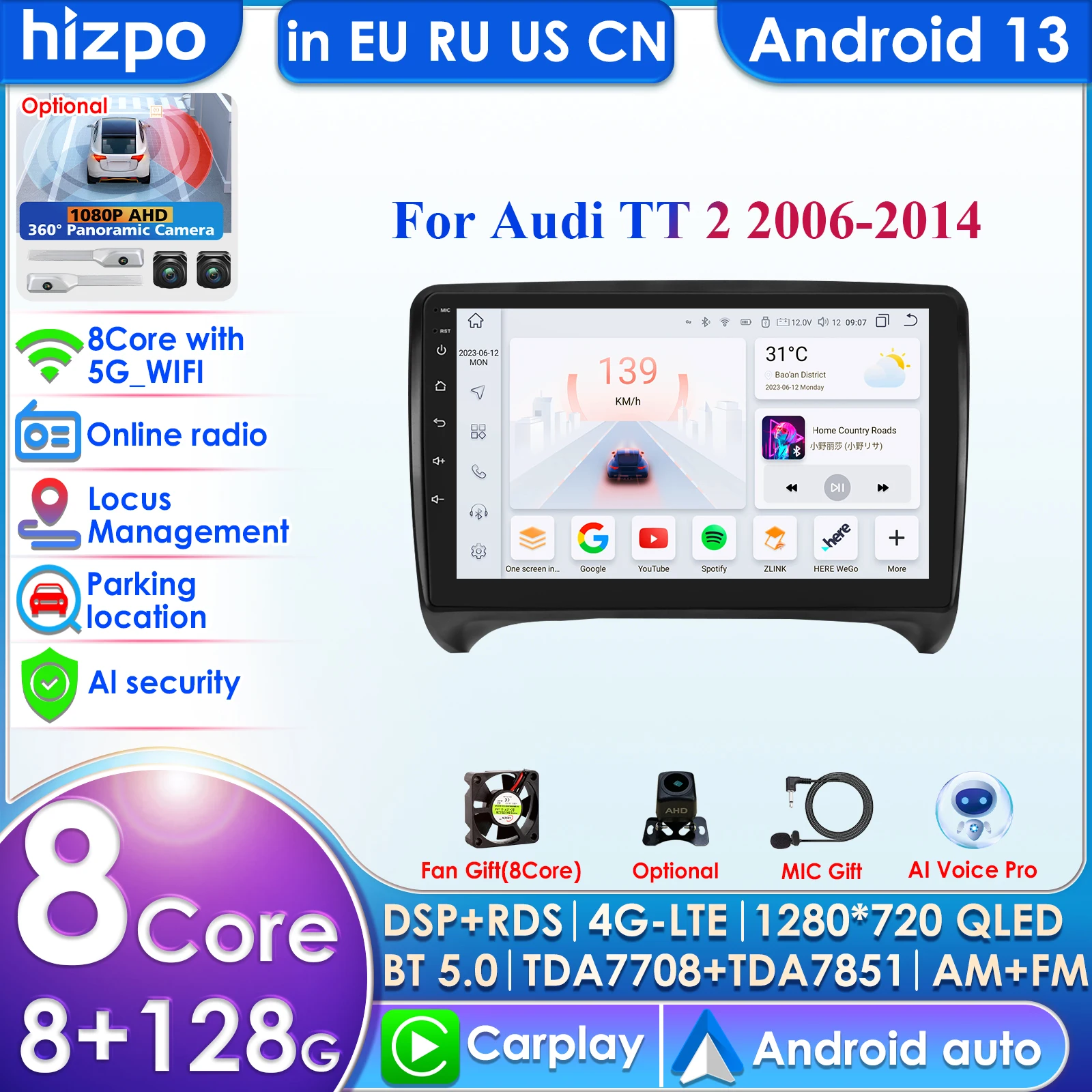 8-Core 8+128G Stereo 2Din Android 13 Car Radio Autoradio for Audi TT MK2 8J 2006-2014 9