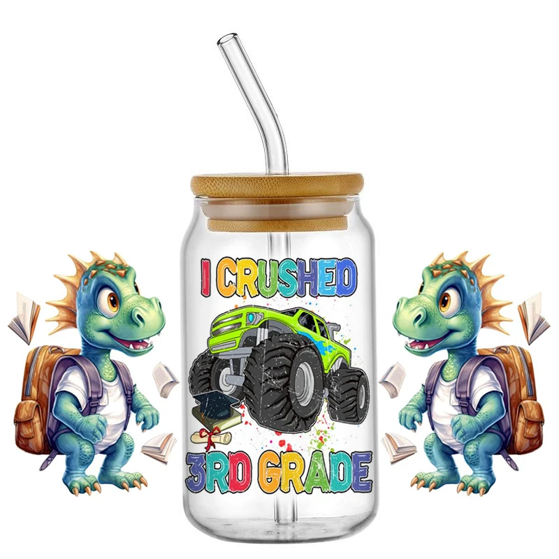 Back to School Dinosaur UV DTF Wraps, Roaring Into Grade Stickers for 16oz Glass Cans, Waterproof DIY Transfer Decals