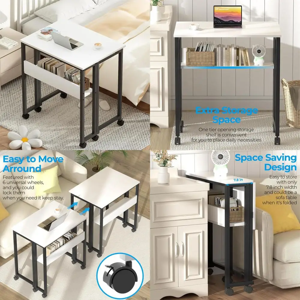 Compact Rolling Desk with Storage, 24.8 White Foldable Computer Desk for Small Spaces, Easy Assembly