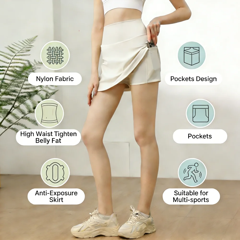Ultra High Waist Nylon Tummy Control Skirt For Women Pocket Design Anti Exposure Workout Running Yoga Tennis Skirt