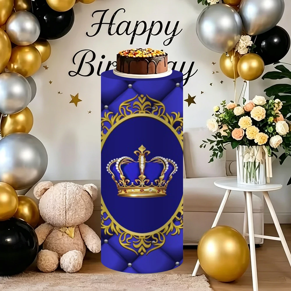 Royal Blue Cylinder Pedestal Stand Covers for Boys Birthday Party Event Decoration Crown Little Prince Baby Cake Column Backdrop