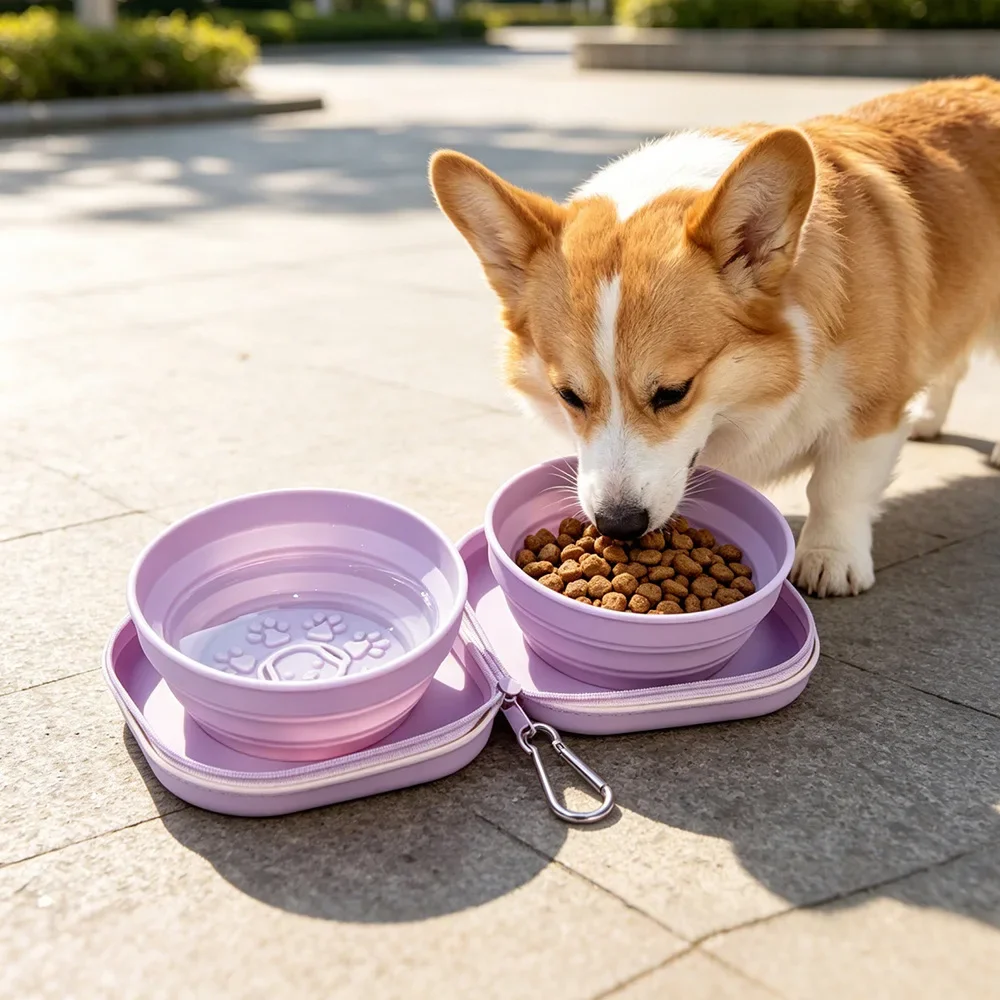 Silicone pet double bowl outdoor feeding and drinking cat dog bowl cat basin macaron candy-colored pet bowl products