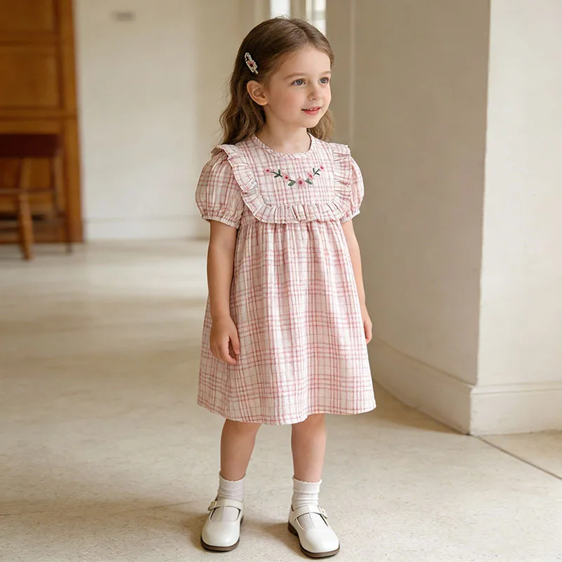 Hot Sale Summer New Good Girl Dress Y2K Style Plaid Embroidered Collar Short Sleeve Children's Clothing Fashionable Kids' Skirt