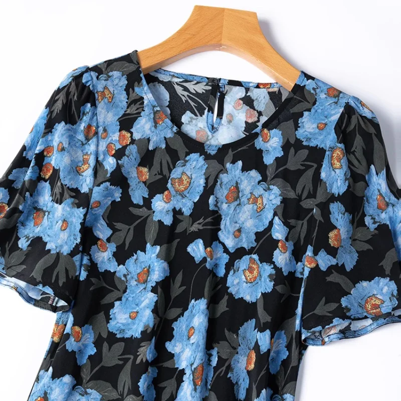 버드트리 여름 100% 뽕나무 실크 드레스, 여성용 더블 크레이프 O넥 루즈 플로럴 프린트 반팔 드레스, 신상 2025 D55002JF