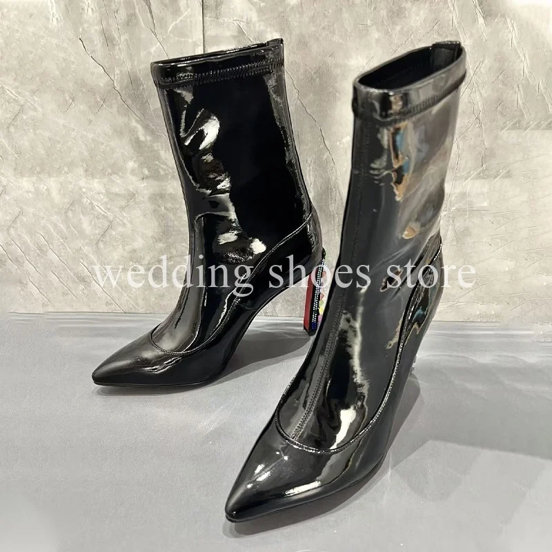 

Women's Ankle Boots Black Rhinestone Heels Patent Leather Design Stiletto Sexy Pumps Temperament Wedding Pointy High-heeled Shoe