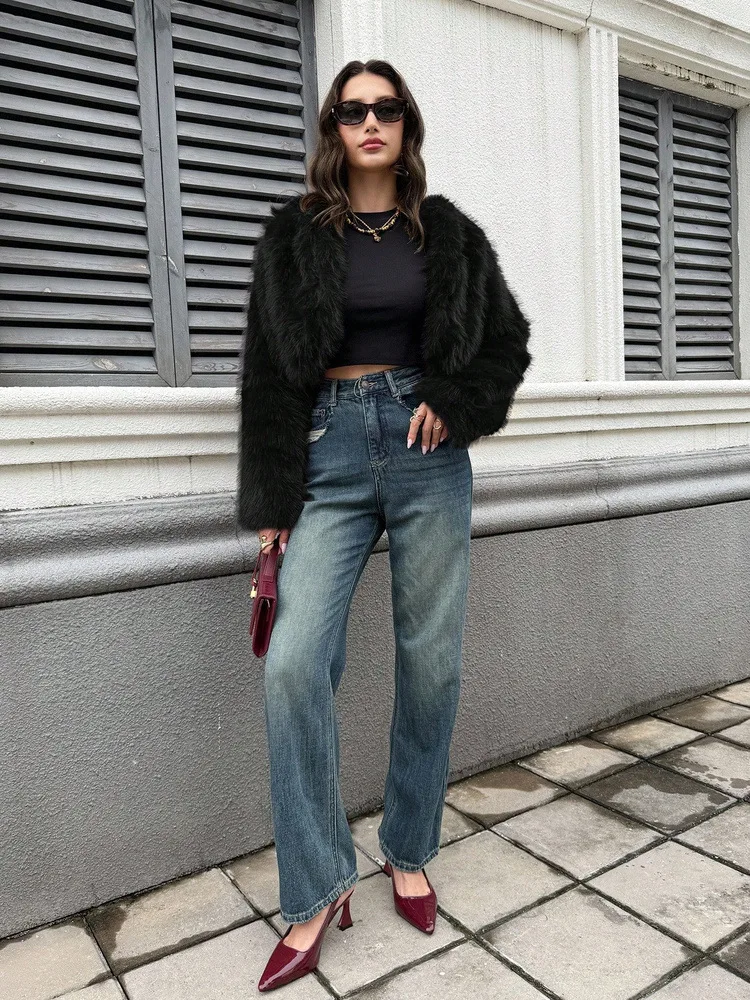 Short Coat Women Faux Fur Fox Coats Jackets Casual Coat Thick Warm Y2k Streetwear Jacket Elegant Work Outerwear Autumn Winter