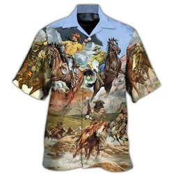 Western Cowboy Printed Men's Shirt 3D Horse Short Sleeve Tops Vintage Oversized Male Clothes Collar Casual Comfortable Blouse