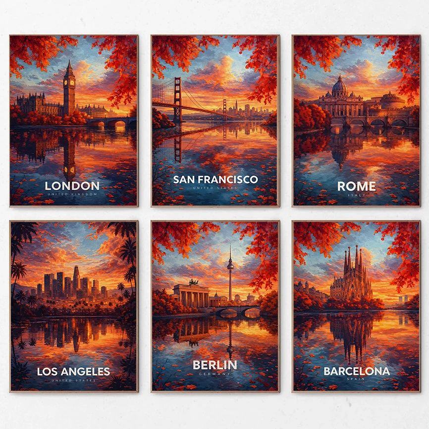 Autumn Cityscape Skyline Sunset Landscape Posters San Francisco Seoul Rome Modern Prints Canvas Painting Wall Picture Home Decor