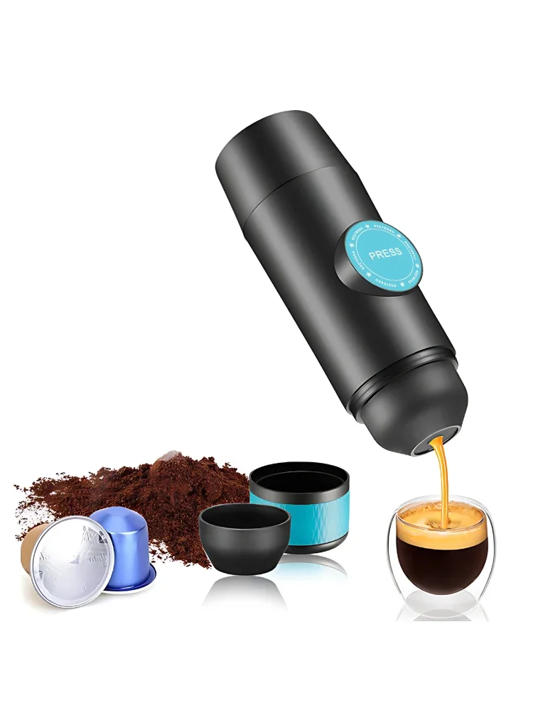 ماكينة قهوة اسبريسو كهربائية محمولة تسخين لاسلكي ماكينة صنع القهوة الصغيرة ذات الخدمة المزدوجة مع مسحوق القهوة/صندوق الكبسولة 2 في 1