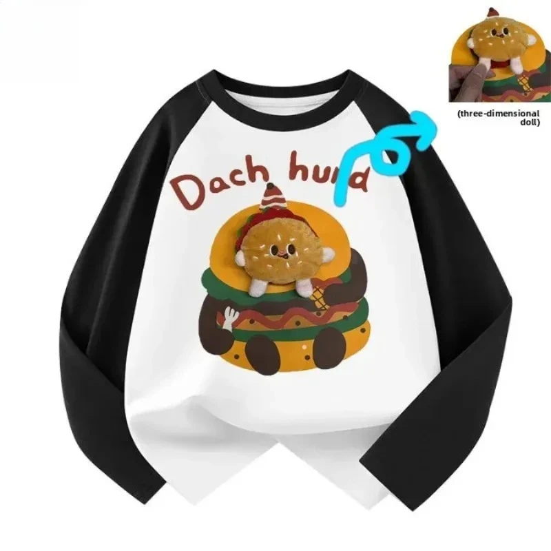 

2025 3D Plush Burger Spring Autumn Cool Boys Casual Long Sleeve Raglan Big Kids T-Shirt Round Neck