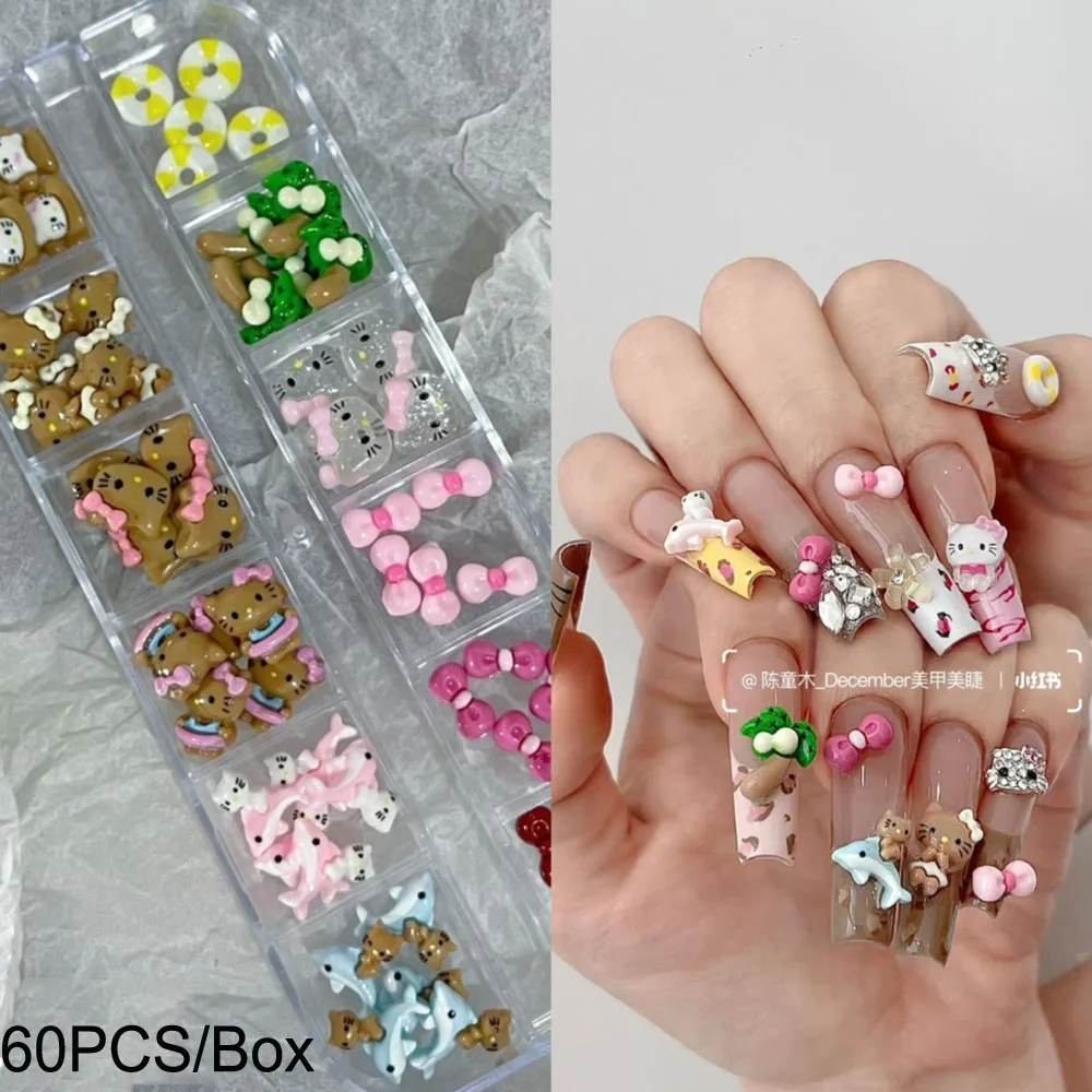 12Grids Cartoon Tanning Kitty Mixed Nail Charms 3D Kawaii Sommer Hawaiian Hello Kitty Harz Strasssteine DIY Nail Art Dekoration