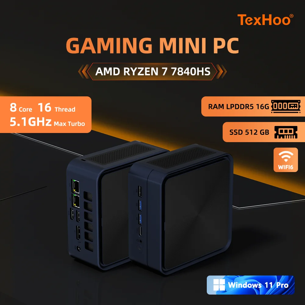 Texhoo Mini PC Windows 11 Pro Ryzen DDR5 2600Mhz WiFi6 BT5.2 Gaming PC Diy Gaming Computer Compact Mini PC AMD Ryzen7 7840HS