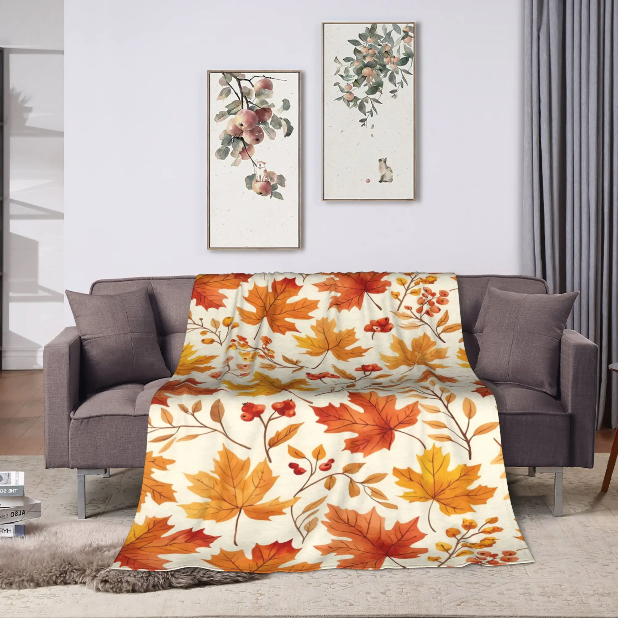 Warm Blanket Picnic Cozy Fall Leaf Print Throw Blanket  Flannel Bedspread For Couch Bed Graphic Sofa Bed Cover