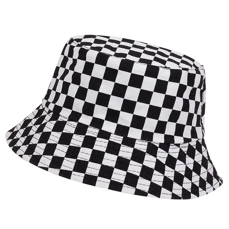 Unisex Black and White Grid Double Sided Wearable Fisherman Hat Outdoor Travel Hat Sunscreen Hats for Men Women Bucket Hat